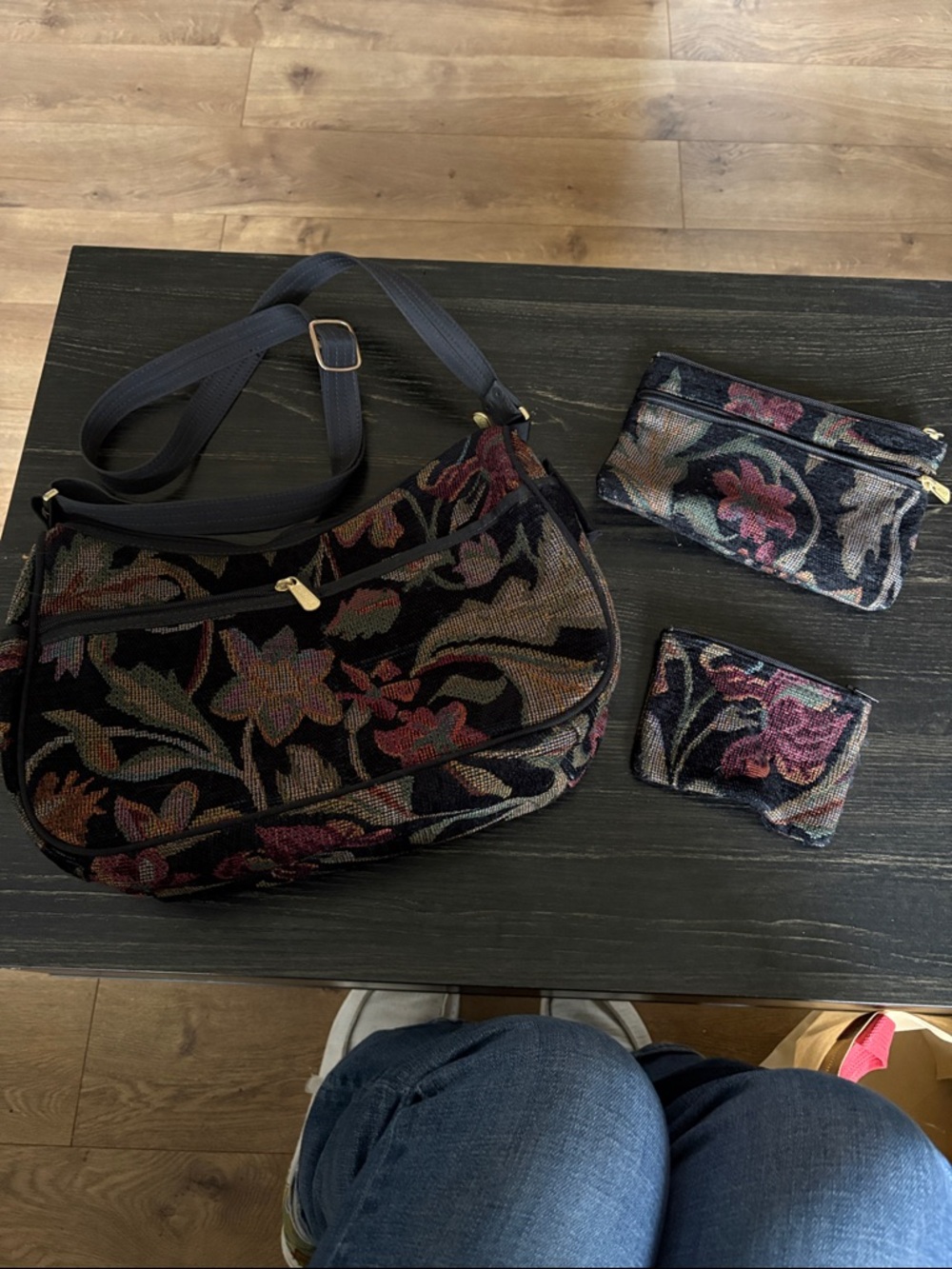 Floral Tapestry Crossbody Bag with Matching Pouches - Black & Multicolor